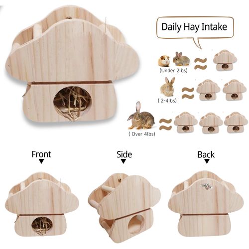 JanYoo Rabbit Hay Feeder,Natural Wooden Hay Holder for Guinea Pigs Bunny Cage Rabbit Hay Dispenser Hanging Standing-Champignons