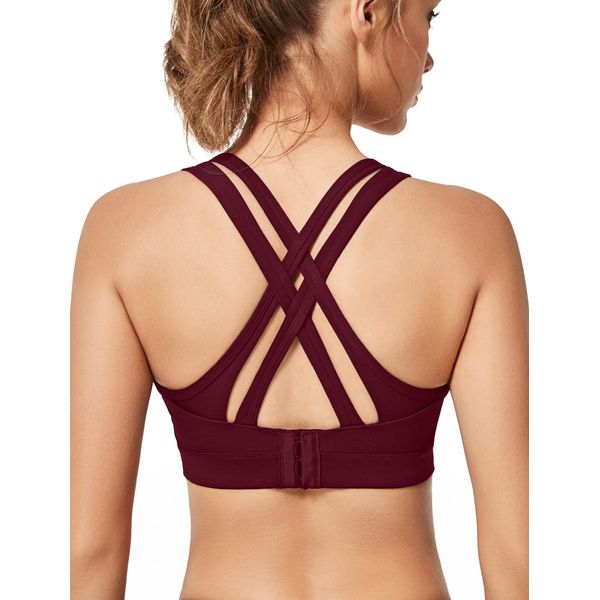 Yvette Women High Impact Sports Bras Criss Cross Back Sexy Running Bra for Plus Size, Burgundy, 2XL(DF)