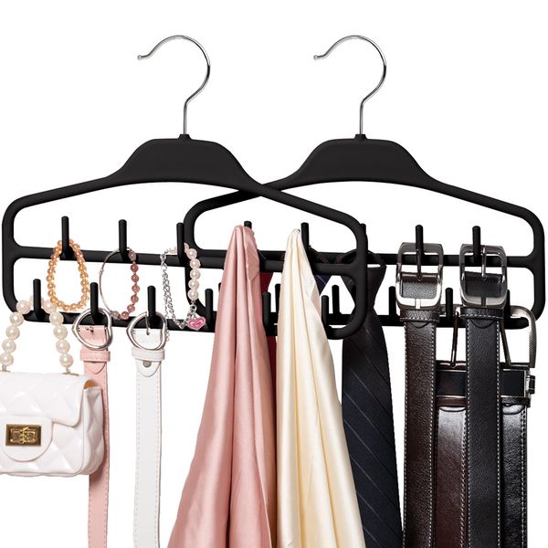 SMARTAKE 2 Pack Belt Hanger, 360 Degree Rotating Tie Rack with Hooks, Non-Slip Durable Hanging Closet Organizer Accessories Holder for Leather Belt, Bow Tie, Scarves and More, Black