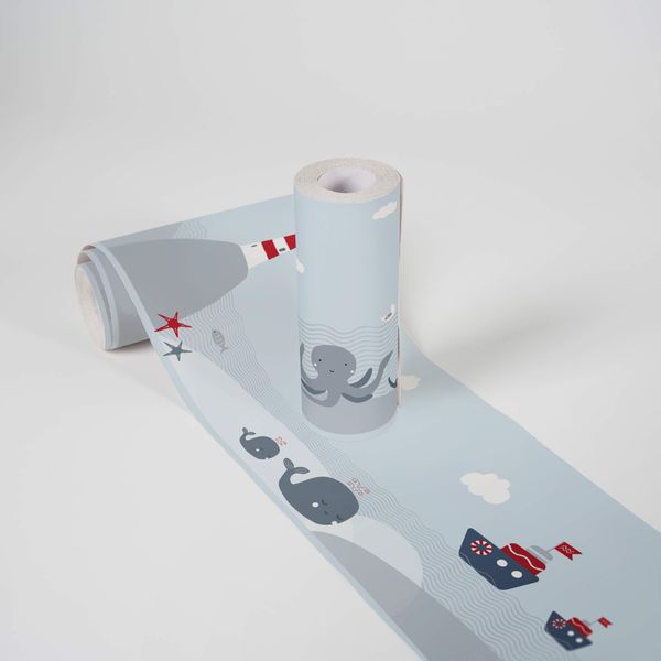 A.S. Création selbstklebende Bordüre - Papierbordüre mit kinderfreundlichen Motiven in Grau, Rot und Blau - auf 5,00 m x 0,15 m je Rolle