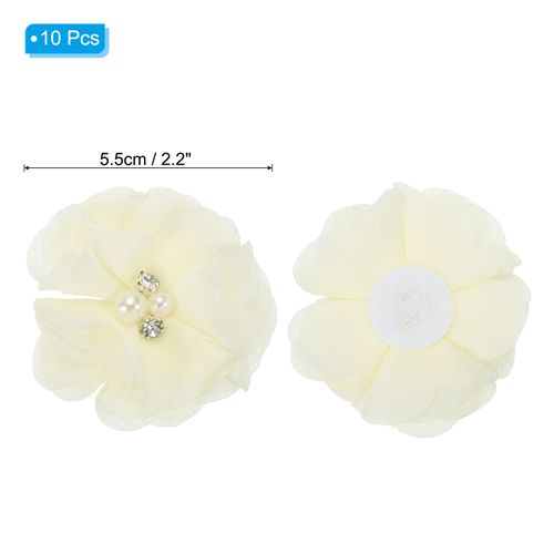PATIKIL 2" Chiffon Flowers, 10Pcs Fabric Flowers Sewing Appliques Embellishments with Rhinestone Pearl for DIY Crafts Wedding Headbands Party Decoration, Beige