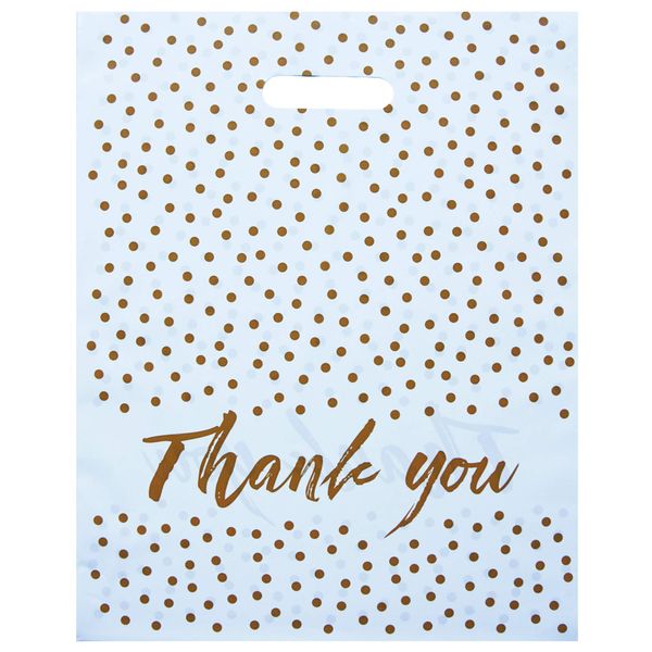 HomeWorthy (50 Pack Premium White With Gold Polka Dots 12 x 15 Inch Thank You Bags for Small Business - Premium Thickness Plastic Shopping Bags with Durable Handles