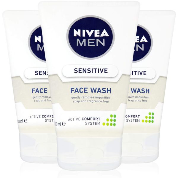 NIVEA MEN Sensitive Face Wash with Zero Percent Alcohol Pack of 3 (3 x 100 ml), Men's Sensitive Face Wash with Vitamin E, Men's Skin Care Essentials
