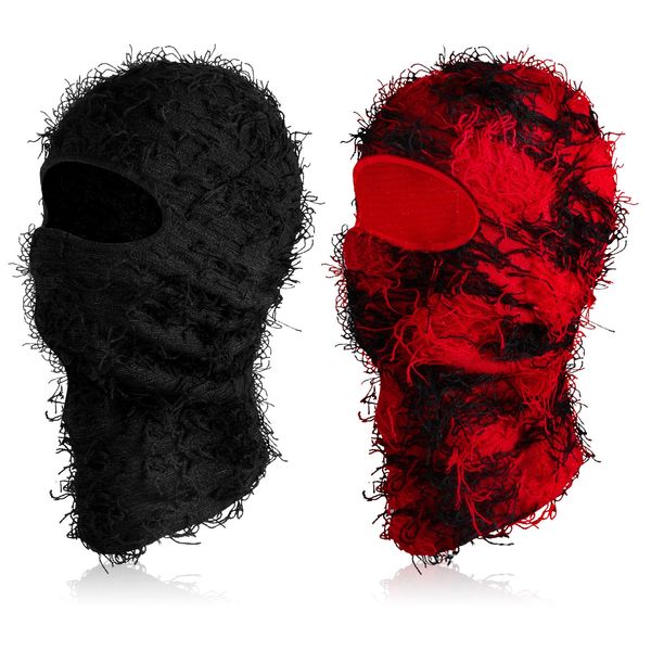 Newcotte 2 Pack Kids Adult Distressed Balaclava Ski Mask Full Face Knitted Balaclava Windproof Cool Ski Mask for Cold Weather (Black, Red,Large)