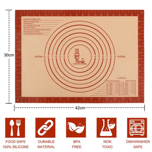 SUPER KITCHEN Non Stick Silicone Baking Mat Sheet, Oven Tray Liner, Small Pastry Mat, Non-Slip Dough Rolling Mat, Kneading Board Mat, Baking Equipment Accessory for Cookie, Macaroon (Red, 42 × 30cm)