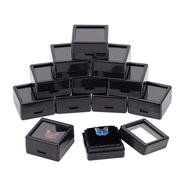 BENECREAT 36PCS Black Gemstone Display Box Mini Square Acrylic Jewelry Box Container(1.2x1.2x0.6) with Clear Top Lids and Sponge for Gems, Coins，Christmas Jewelry Packing