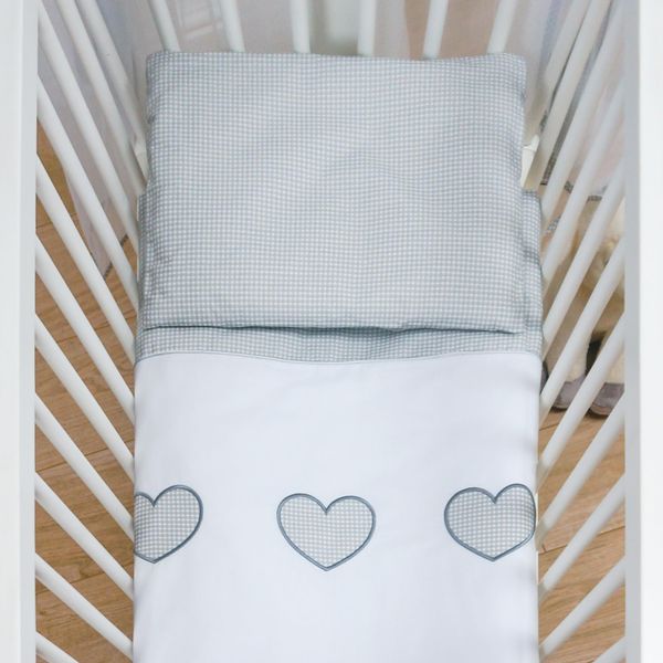 4 Piece 80x70 cm Duvet & Cover with Pillow & Pillowcase Bedding Set for Baby Crib (Heart Grey)