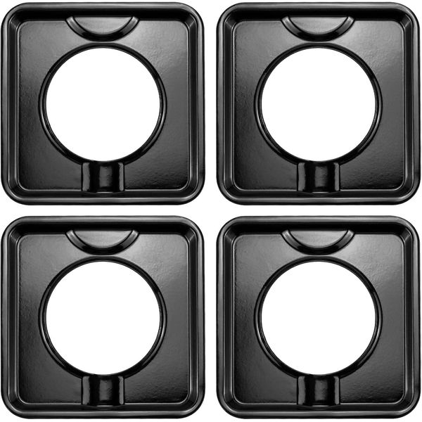 SGP-400 4 Pack Chrome Square Gas Range Drip Pan Black Porcelain 7.75” Replace