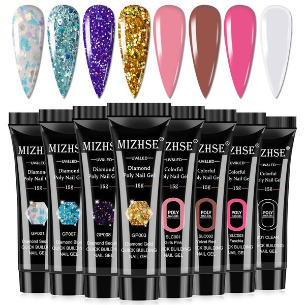 MIZHSE Glitter Poly Nail Gel Set Nail Extension Builder Gel 8 Colors 15ml Manicure Soak Off UV Gel Nail Art Kit