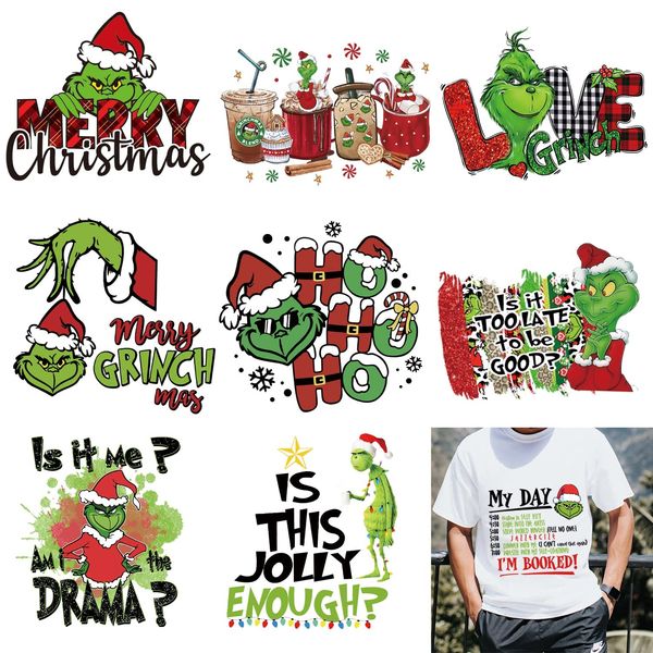 9 Pcs Christmas Iron on Decals Transfer Heat Transfer Design Sticker Iron on Vinyl Patches,Cartoon Christmas Grinch HTV Iron on Transfer Paper for Clothing Hat Pillow Backpack DIY Craft Supplies