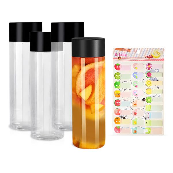 LSYYSL Four 13.5 OZ (400ml) Transparent Cylindrical Plastic Juice Bottles, One Fruit Sticker, Suitable for Storing Tea, Fruit Juice, and Cold Brewed Beverages