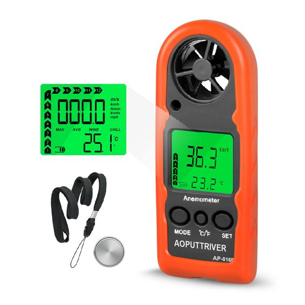 Anemometer Handheld, AP-816B Anemometer with Protective Shell to Measure Wind Speed Temperature and Max/Average/Current, Mini Anemometer for Windsurfing, Sailing, Fishing and Outdoor Activities