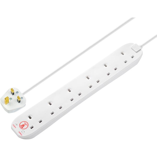 Masterplug Six Socket Extension Lead with Surge Protection, Power and Surge LED Indicators, Unswitched, 2 Metre Cable, 6-Way Plug Extension Cable, Power Strip, White, 13A, 6G, 2m, SRG62N
