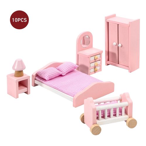 SOKA Wooden Pink Bedroom Playset Pretend Play Doll House Furniture Set Realistic Miniature Display Model Figures Bed Wardrobe Dressing Table Crib for Kids Children Girls Ages 3 year old +