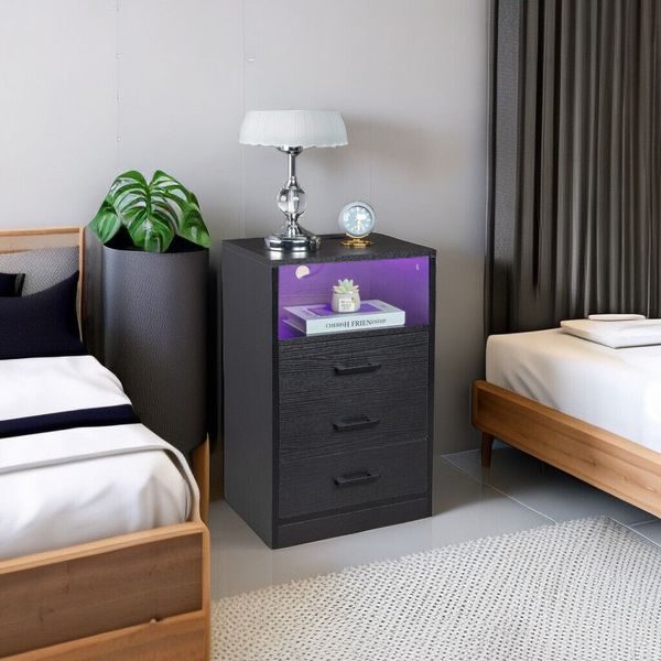 Black 3 Drawers Nightstand With LED Light & Power Outlet, Modern Bedside Table