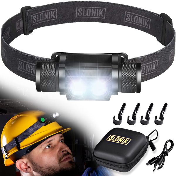 SLONIK Headlamp Rechargeable - 1000 Lumen LED USB Rechargeable Headlight w/ 2200 mAh Battery - IPX8 Waterproof Head Lamp with Bright 60 ft Flashlight Beam - Hiking & Outdoor Camping Gear, Black