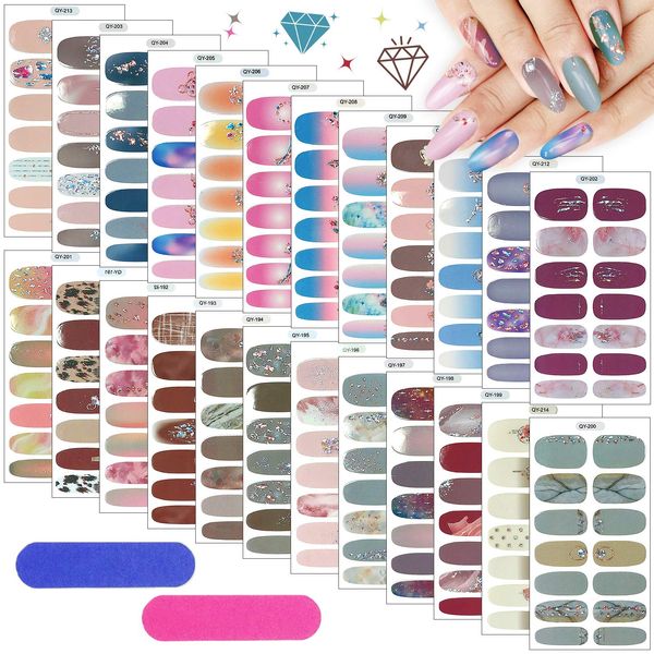 Kalolary 24 fogli Smalto Adesivo per Unghie, diamante Autoadesivo Nail Art Stickers Copertura Completa Unghie Punte Sticker con 2 pezzo lima per unghie per la decorazione delle unghie femminile