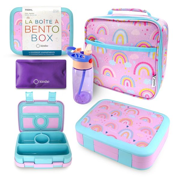 Bento Lunch Box with Insulated Bag, Water Bottle & Ice Pack Set for Kids Toddlers, 4 Portion Sections, Removable Tray, Pre-School Girl Kid Toddler Daycare Lunches, Snack Container, Purple Rainbow