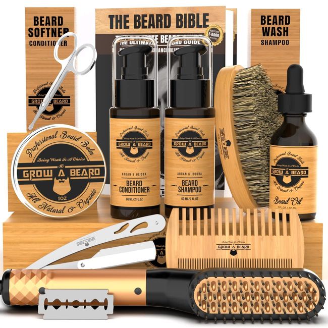 Beard Straightener Grooming Kit for Men, Beard Growth Oil, Sandalwood Balm, Beard Wash, Beard Brush & Comb, Beard Conditioner, Beard Razor and Scissors, & Beard E-Book, Great Gift Idea for Men's (Bamboo)