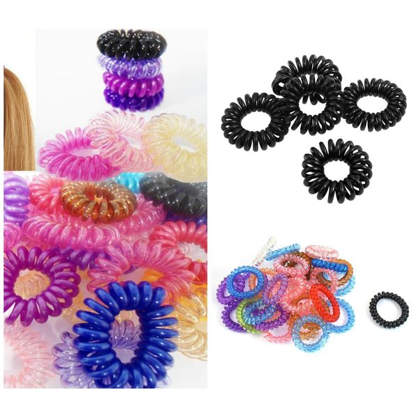 5, 10 or 25 Black or Colourful Ladies, Girls stretchy Elastic Phone Line Wire Coil Hair ponytail bands, hair ties, bobbles, gift bags by Fat-catz-copy-catz (5x black hair coils)