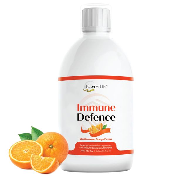 Reverse Life - Immune Defence - Orange Flavour Liquid Multivitamin Drink with 23 Essential Vitamins and Minerals - Maximum Strength Liquid Supplement 500ml