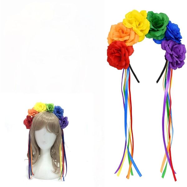 Rainbow Rose Flower Headband With Rainbow Tassels LGBTQ Gay Pride Day Halloween Day Carnival Party Cosplay Wedding Festivals Headdress(Flower Crown)