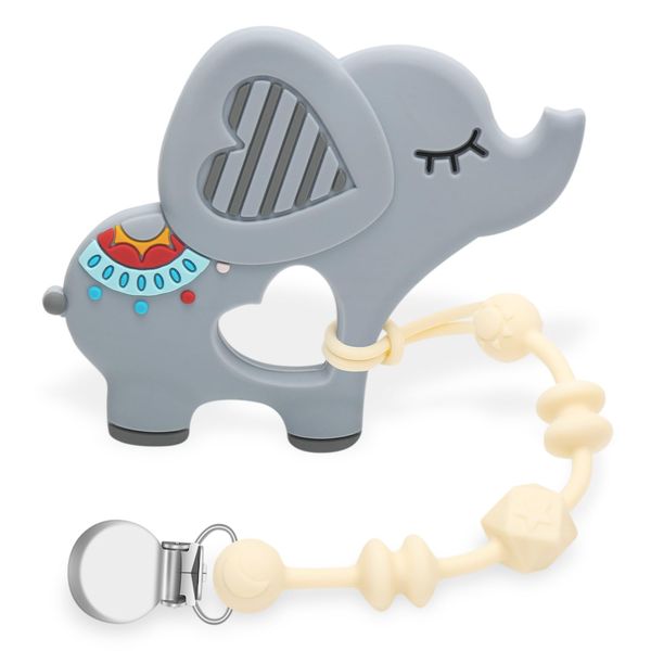 CLDY Teething Toys for Baby, Baby Teethers with Clip Silicone Baby Silicone Teething Toys for Boys and Girls Infant Teething Relief for Teething Elephant Shape, Elephant Grey (Starry Chain+Elephant)