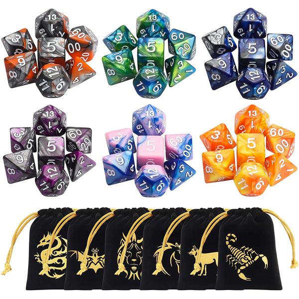 Polyhedral Dice, CiaraQ 6 x 7PCS(42 Pieces) Double-Colors Dice with 6 Gold Pattern Drawstring Pouches of D4 D6 D8 D10 D% D12 D20 Great For for Dragons and Dungeons Pathfinder MTG RPG DND Table Game