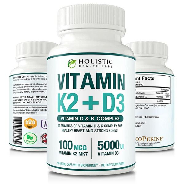 Holistic Health Labs Vitamin K2 D3 5000IU MK7 Menakinone 7 Cholecalciferol Bioperine 90caps