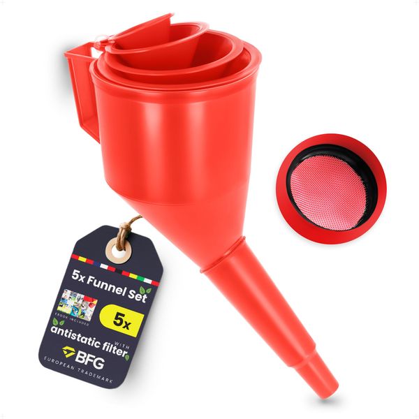 BFG 5x Trichter Set - Trichter Groß mit Antistatikfilter und Einfülltrichter Set, Trichter Benzin mit Ergonomischem Griff, Trichter Auto für Öl und Flüssigkeiten