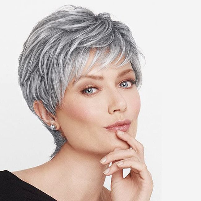 BECUS Short Gray Wigs with Bangs Sliver Gray Wigs Pixie Cut Layered for Women Synthetic with Free Wig Cap(Grey Mix Black)