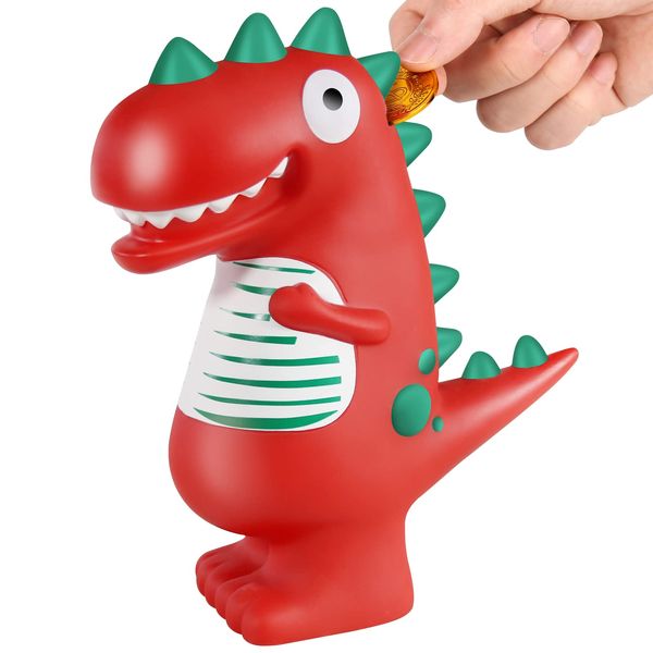 Piggy Bank Dinosaur Money Box Coin Money Tin Personalised Money Jar for Kids and Adults Birthday Gifts for girls and boys Cute (Red)