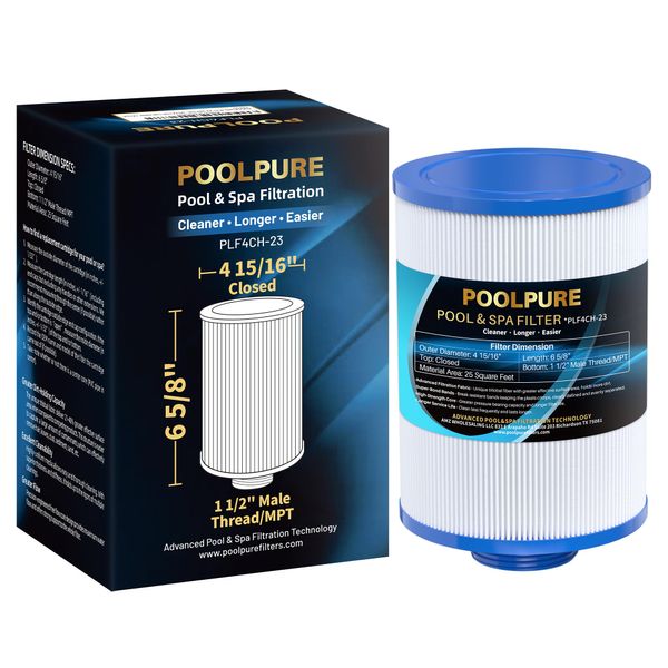 POOLPURE 4CH-23 Spa Filter Replaces PFF25TC-P4, Lifesmart 303263, 78459, Filbur FC-2400, Excel Filters XLS-442, Freeflow Lagas FF-100 CLX Claro, SD-00206, Aladdin 12536, AK-90032 Hot Tub Filter 1PACK