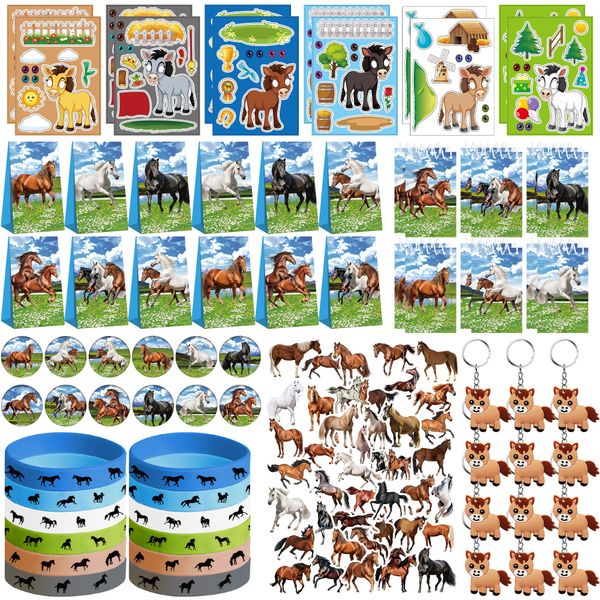 113 PCS Horse Party Favors Set, 41 Horse Stickers, 12 Goodie Bags,12 Button Badges, 12 Keychains, 12mini notepads,12 rubber bracelets for Cowboy Cowgirl Animal Horse Birthday Party Supplies (Blue)