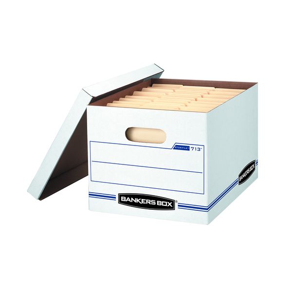 Bankers Box 12 Pack STOR/FILE Basic Duty File Storage Boxes, Standard Assembly, Lift-off Lid, Letter/Legal, White/Blue