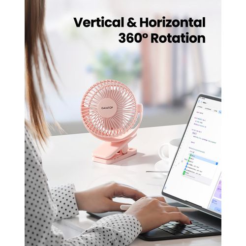 Gaiatop Portable Clip on Fan Battery Operated, Small Powerful 3 Speed Quiet 360° Rotate, USB Rechargeable Mini Personal Cooling Fan for Desk Table Home Office Stroller Camping Women Gifts Pink