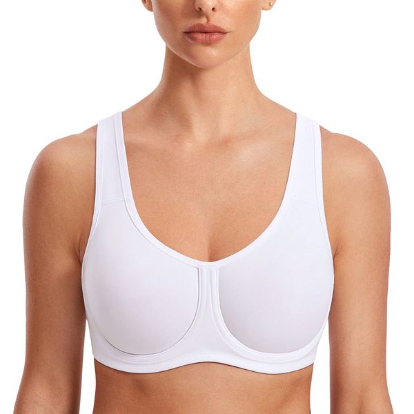 SYROKAN Women's Max Control Underwire Sports Bra High Impact Plus Size with Adjustable Straps White 40C