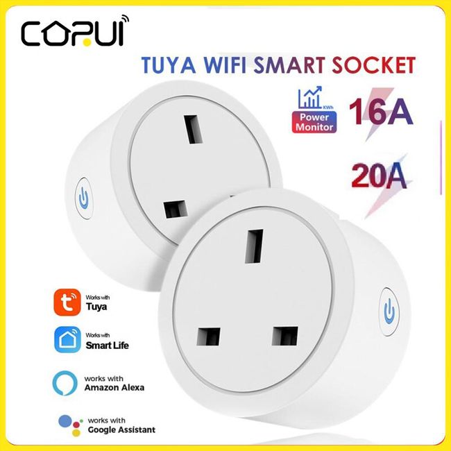 Tuya Wifi 20A UK Smart Plug Mini Power Monitor Socket Remote Vioce App  Control