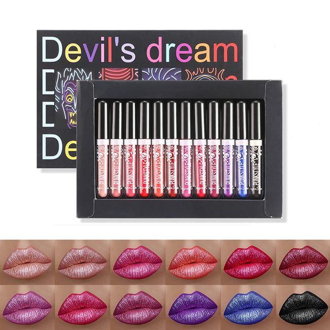 Holzsammlung 12 Farben Glitter Lipgloss Set, Matte Glitzer Lippenstift Metallic Pearl Lipgloss Wasserdicht Dauerhaft