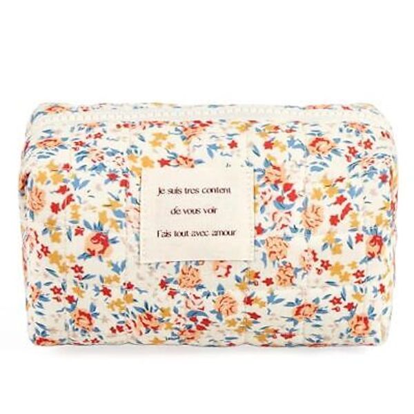 Floral Makeup Bag Small Cotton Quilted Cosmetic Makeup Bag Red Floral-S