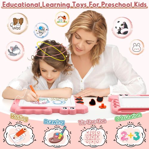 Dinosaur Magnetic Drawing Board Kids Toys for 2 3 4 5 Years Old Girls Boys Birthday Christmas Presents, Color Erasable Doodle Education Learning Kid Toys Age 2-7, Toddler Drawing Travel Toys（Pink）