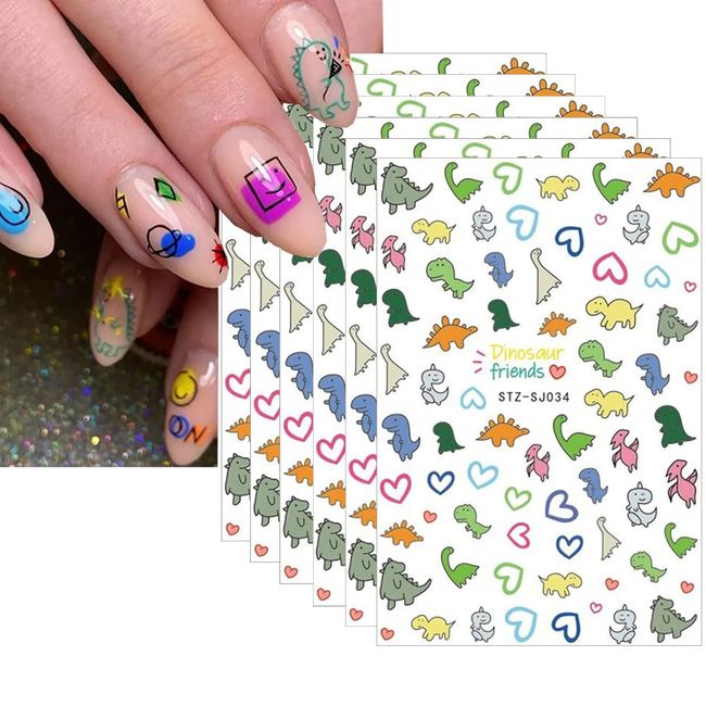 6 Sheets Cute Dinosaur Nail Stickers 3D Cartoon Self-Adhesive Nail Decal Nail Art Supplies Cute Little Dinosaur Design Nail Sliders Heart Decals for Women Girls Manicure Decoration Accessories