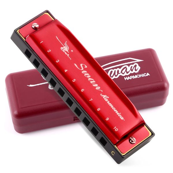 SWAN Blues Harmonica C Key for Kids Adults, 10 Hole 20 Tone Diatonic Harmonica Key of C Blues Harp for Beginners Students, Mouth Organ in Stainless Steel Burgundy Red, SW1020-7C