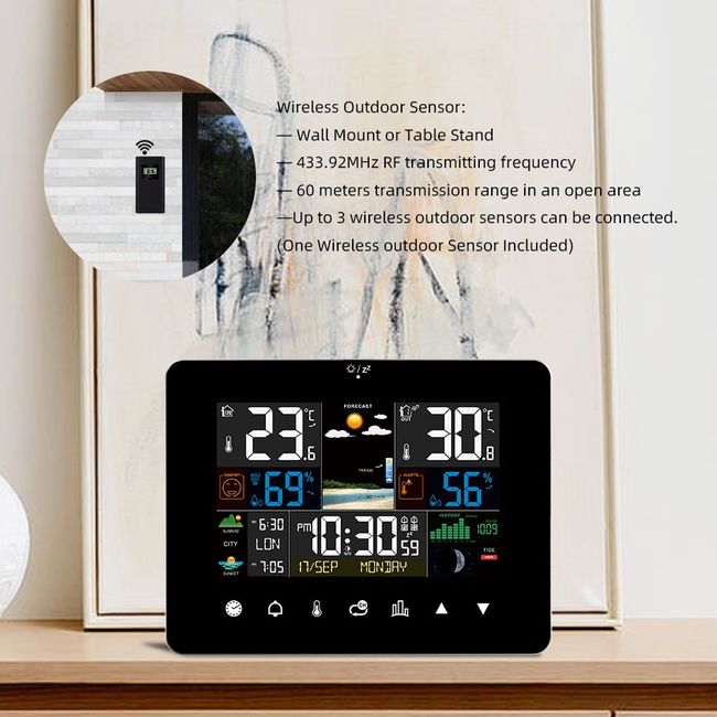 Dropship Electric Weather Station Snooze Alarm Clock Wireless Sensor Indoor  Outdoor Thermometer Humidity Weather Forecast Temperature Frost Alert With  Backlight 7 Languages Switchable to Sell Online at a Lower Price