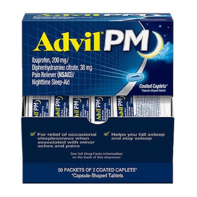 Advil PM Pain Reliever/Sleep Aid 200 mg Ibuprofen-50 Packets Of 2 Caplets E:1/25