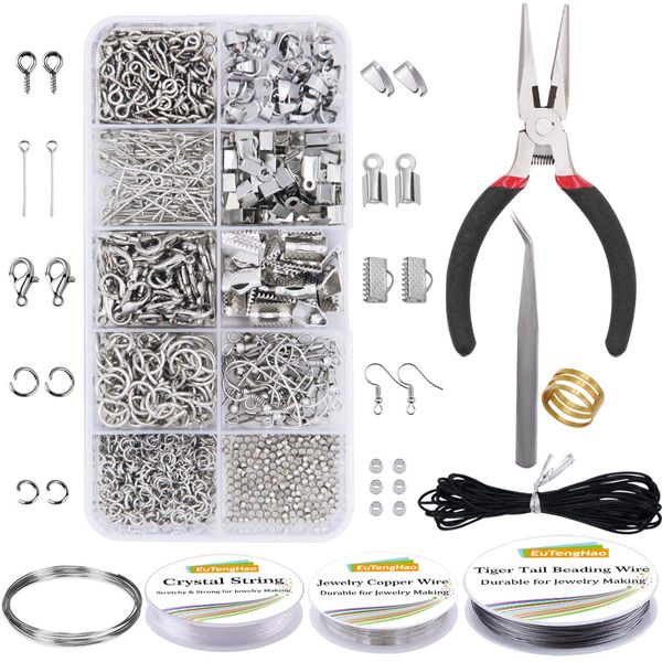 EuTengHao Jewelry Making Supplies Kit Jewelry Repair Tool Set with Jewelry Pliers Beading Wires Open Jump Ring Lobster Clasps Necklace Cord Ribbon Ends Jewelry Findings Making for Jewelry DIY Supplies