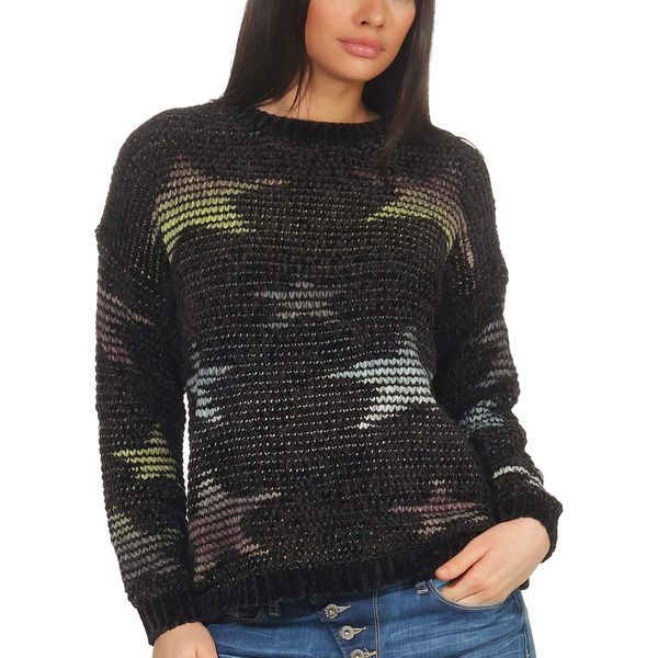Jela London Damen Feinstrick Fransen Pullover kuschelig Sterne Retro flauschig, Schwarz 36-38