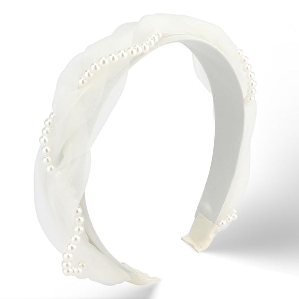 AHONEY White Headband for Women Girls White Headband Bows Elegant Dressy Hair Bands for Women's Hair Embellished Headband Wedding (Veil Style)