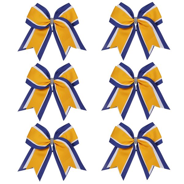 8 Inch 3 Colors 3 Layers 6 Pcs Cheerleader Bows Jumbo Cheerleading Bows Hair Elastic Hair Tie for High School College (Royal blue/White/Yellow gold)