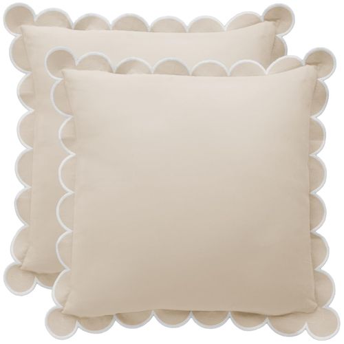 BEBE BASK Scalloped Pillow Cover - Set of 2-18 x 18 Inch - Scallop Pillow Cover – Beige and White Scalloped Pillows - Scallop Pillows - 100% Cotton - Grandmillennial Style (Natural/White)